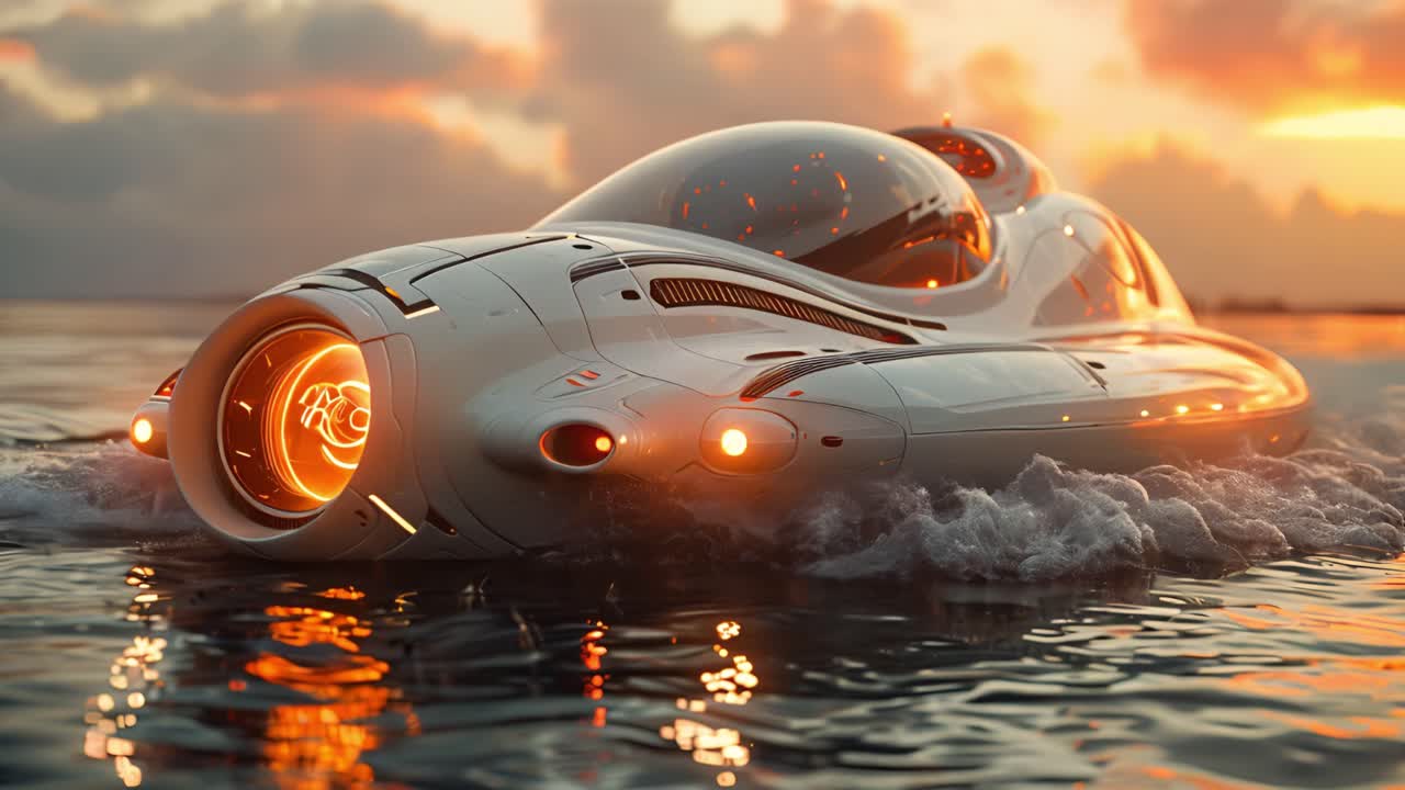 Futuristic White Watercraft with Orange Glow at Sunset