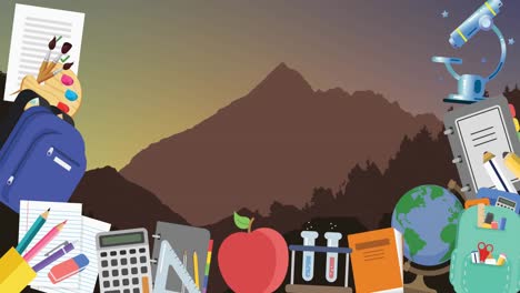school concept icons against landscape with mountains