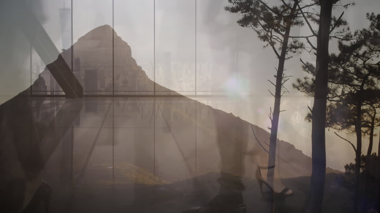 animación de personas caminando por el paisaje y las montañas