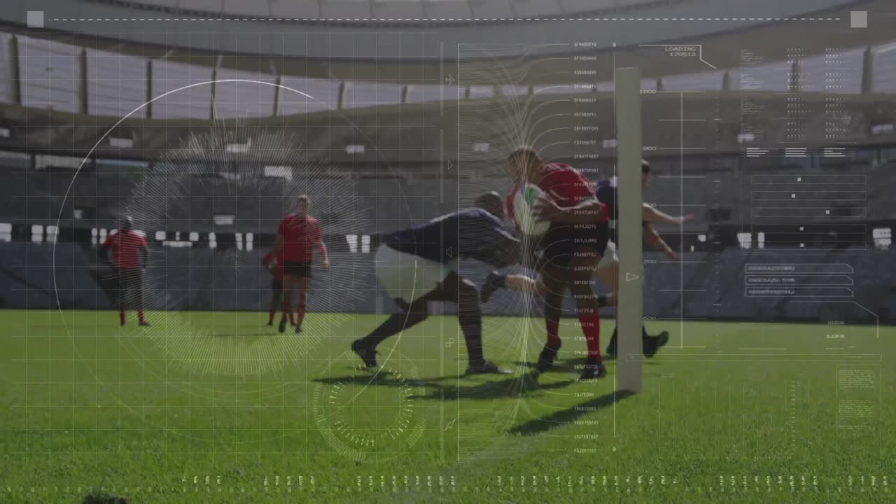 스포츠 경기장에서의 럭비 경기에 대한 데이터 처리 애니메이션