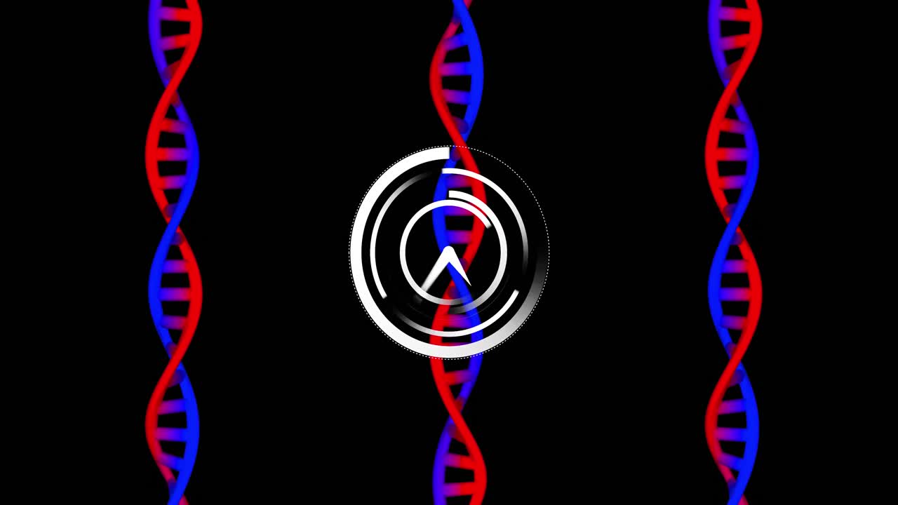 animación de un reloj que se mueve sobre cadenas de adn sobre un fondo negro