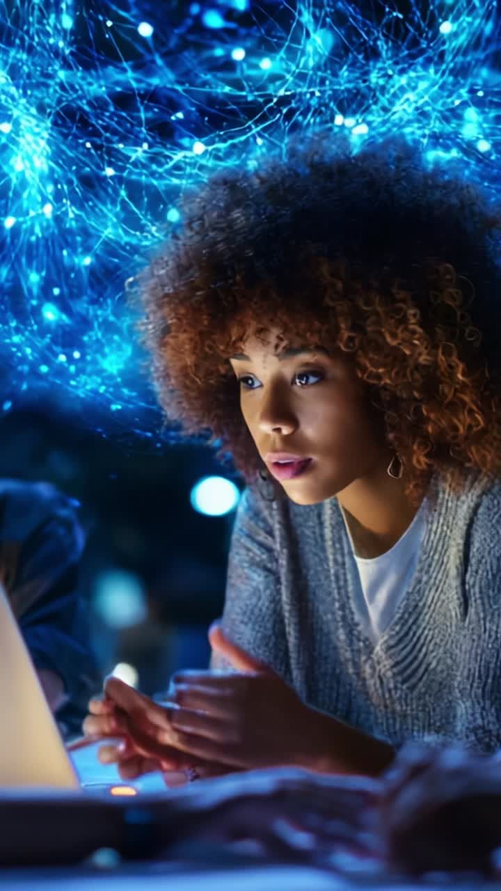 Fokuseret person fordybet i teknologi, omgivet af et netværk af digitale forbindelser og oplyst af kreativ inspiration og ideer i et mørkt miljø