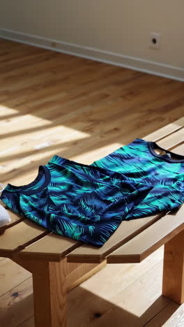 stylish activewear and sneakers on wooden table