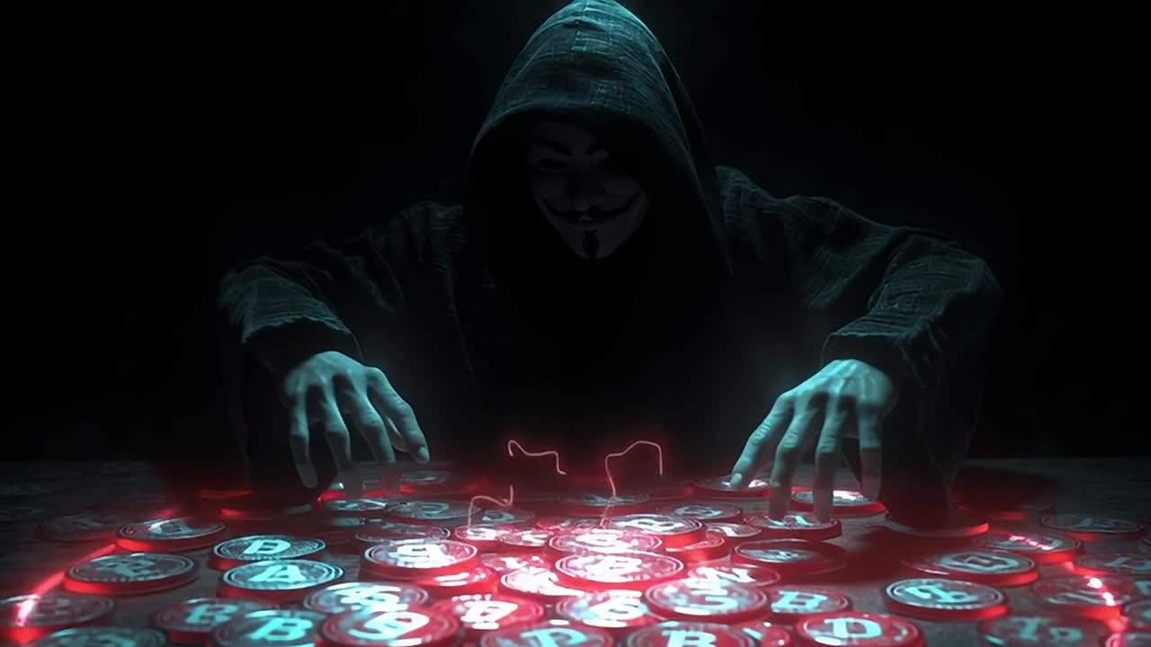 Mysterious figure interacting with glowing symbols in a dark space