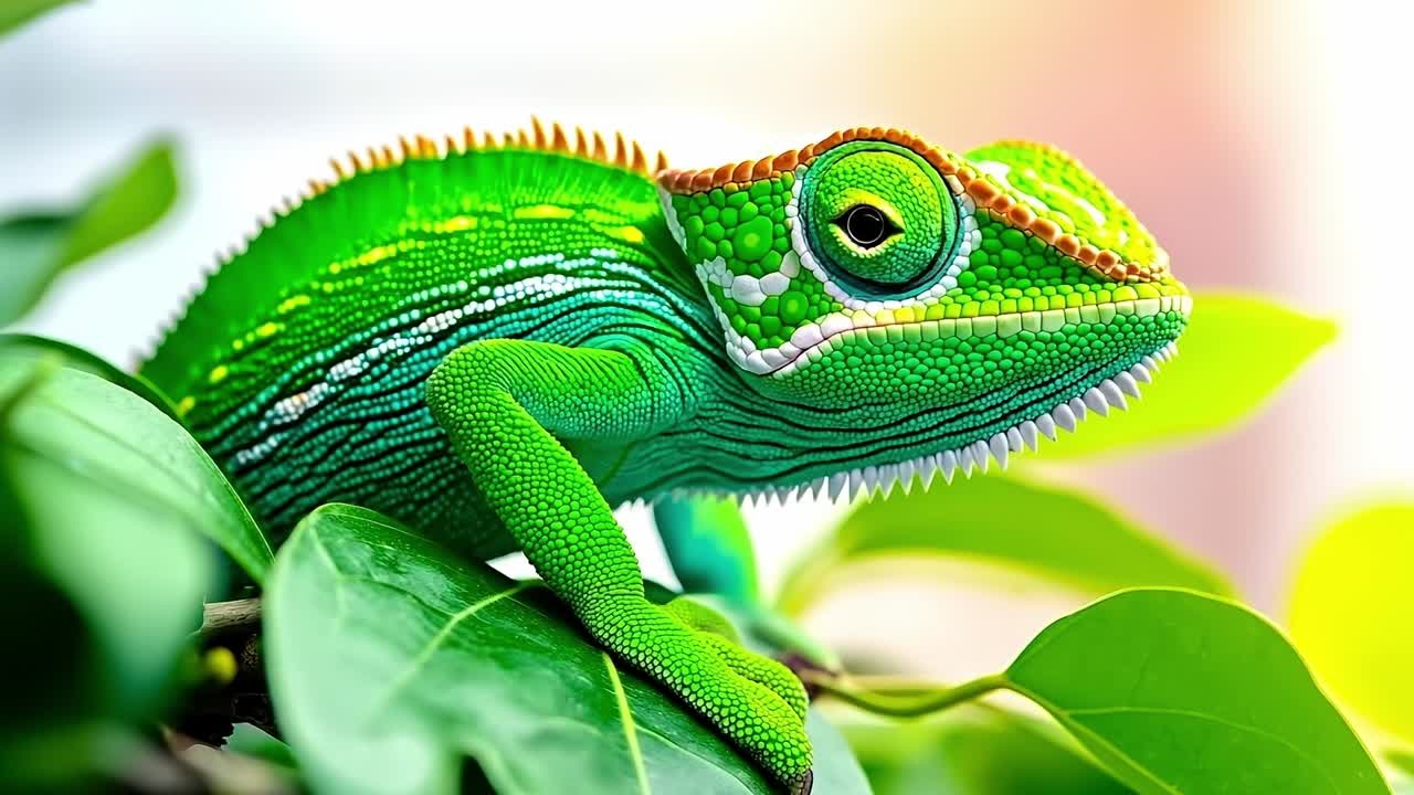 A green chameleon sitting on top of a green leaf