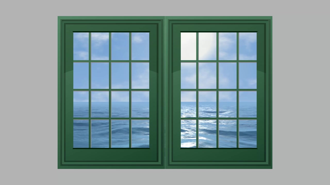 Looping animation of a green window frame with a view of ocean waves and clouds.