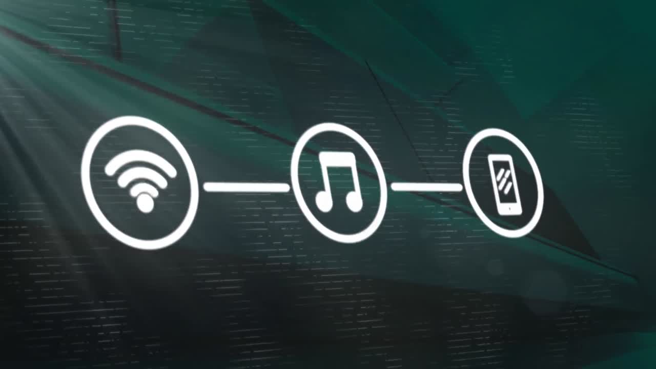 animação de wi-fi branco conectado e ícones de mídia,com feixes de luz em fundo escuro