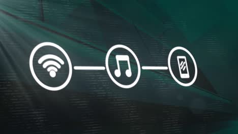 animación de iconos de wifi y medios blancos conectados,con haces de luz sobre un fondo oscuro
