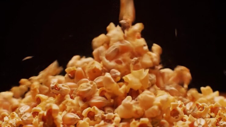 Un primo piano di deliziosi popcorn ammucchiati, che mostra la loro consistenza croccante e dorata e il loro irresistibile fascino da snack sotto i riflettori