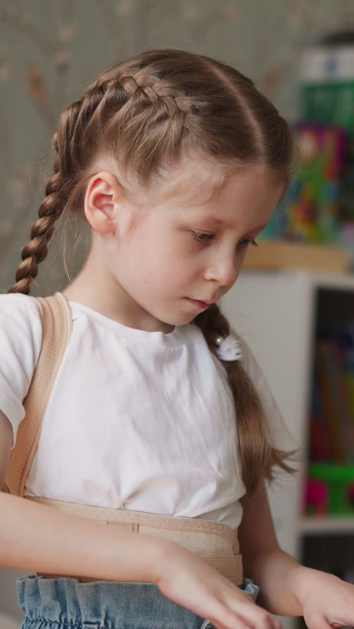 Cute little girl with spinal injury plays piano making careful smooth movements. Graceful child with long braids practices music in cozy nursery closeup