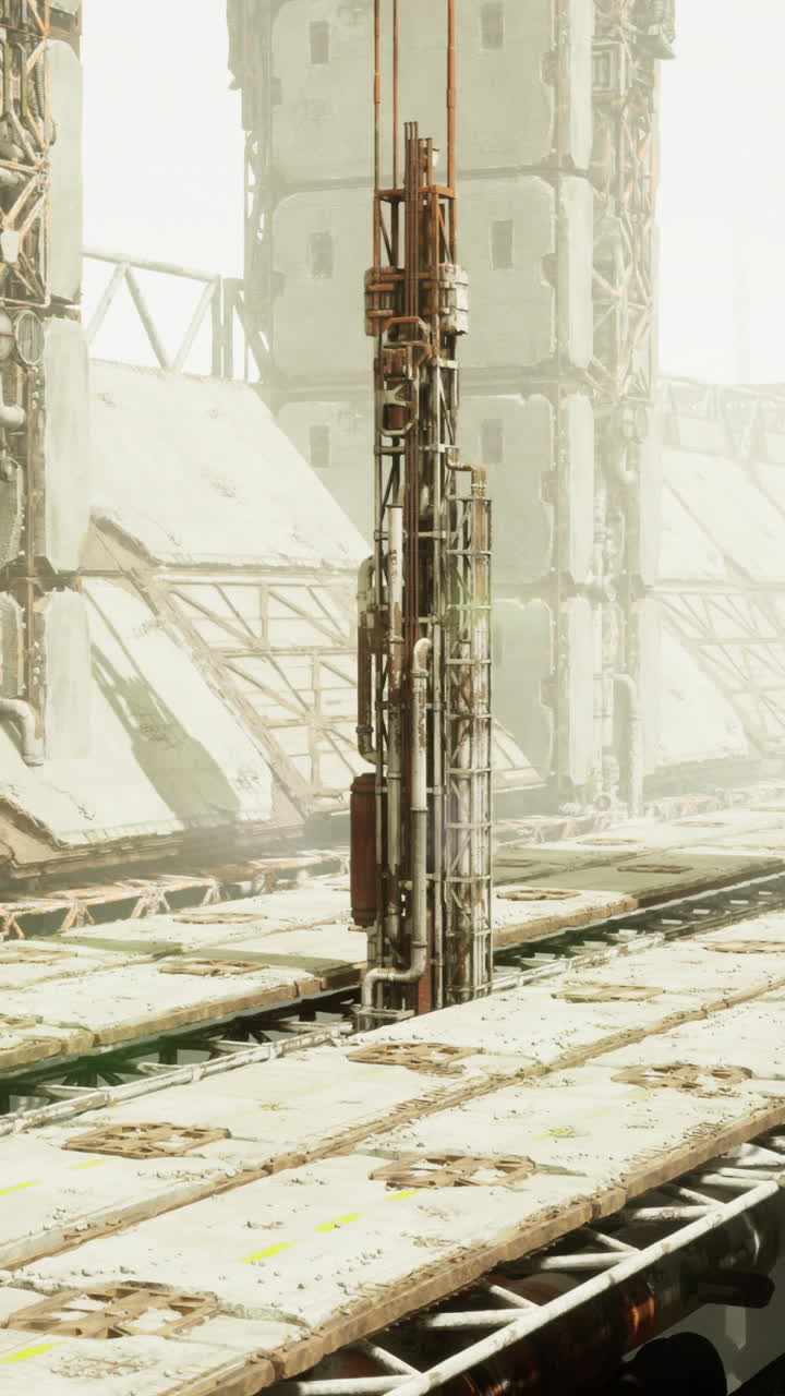 Abandoned industrial complex with towering structures and desolate landscape