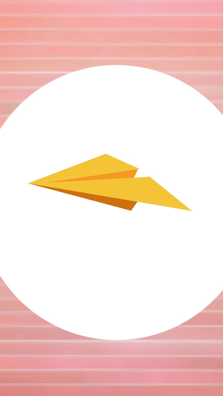 Digital animation af papirflyikon over hvid cirkulær banner mod stribet lyserød baggrund