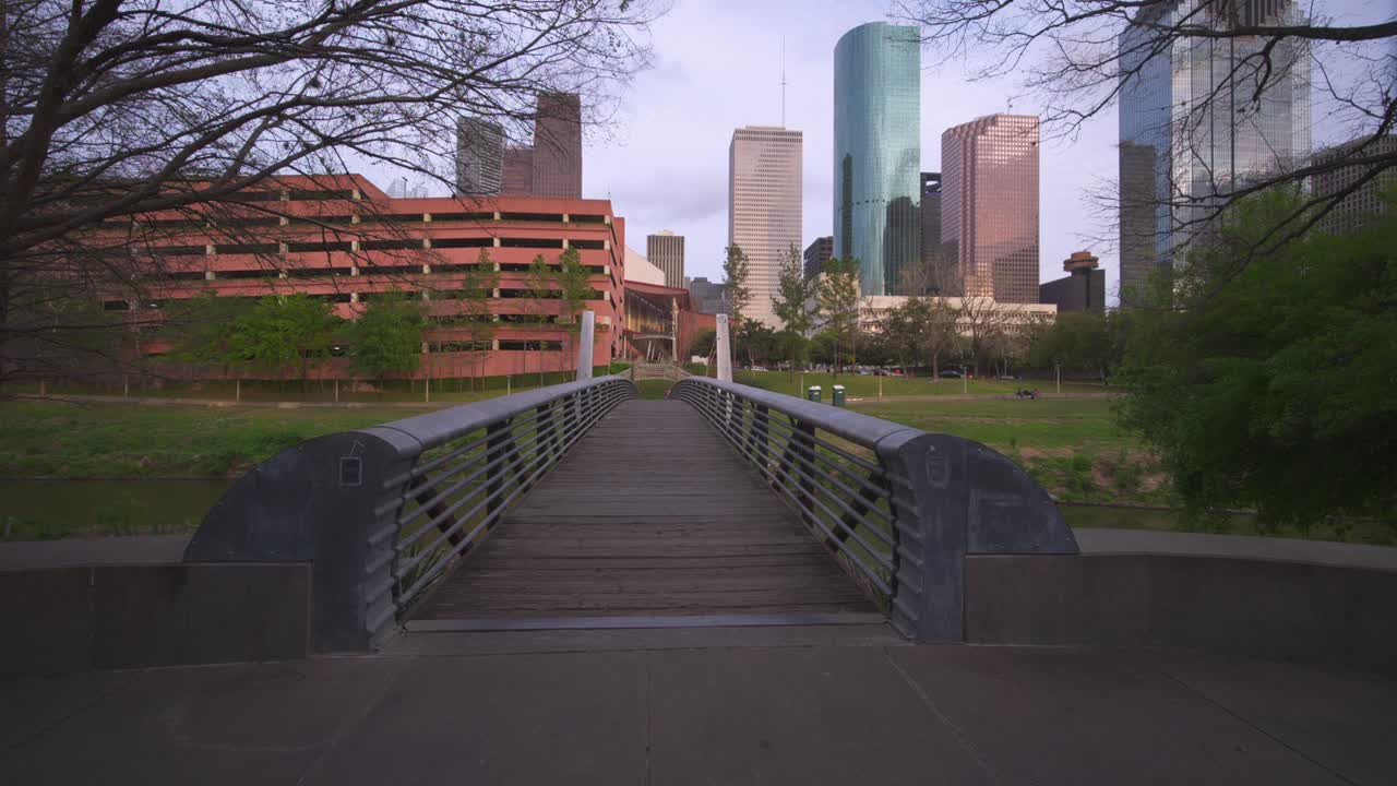 Establishing shot of Bridge Crossing over Buffalo Bayou in Houston