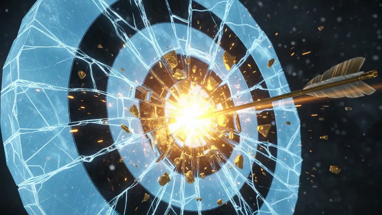 A Stunning Visual of a Glowing Arrow Piercing Through a Shattered Target, Symbolizing Precision and Determination in Achieving Goals