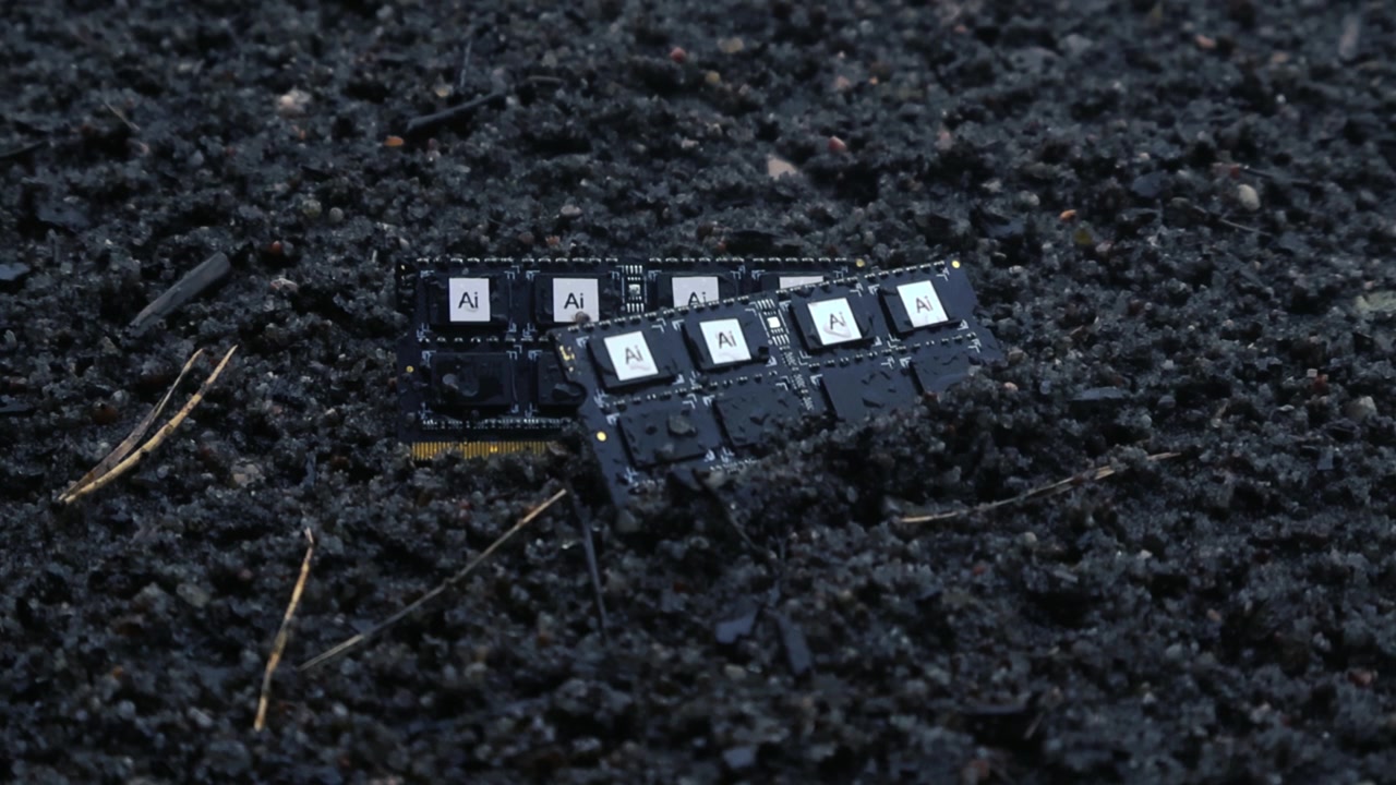 Black computer memory modules with AI processors lying on wet ground and getting soaked by heavy rain, symbolizing technology being overwhelmed by nature or a system failure concept