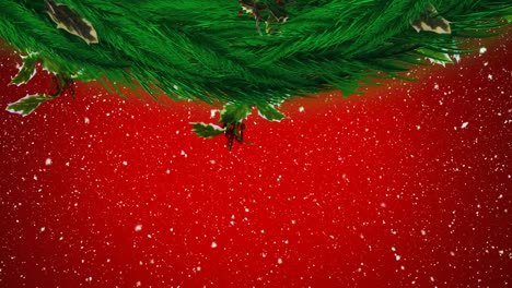 Digital-animation-of-christmas-wreath-against-snow-falling-on-red-background