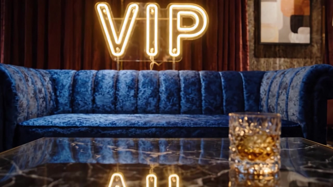 En luksuriøs VIP-lounge med en elegant blå veloursofa, stemningsbelysning og et stilfuldt glasbord til eksklusiv afslapning og socialt samvær