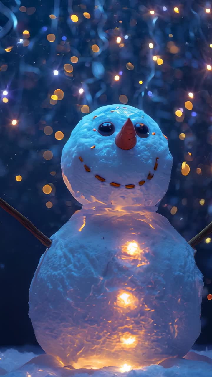 Vertical video: As bokeh twinkling, glowing snowman with three lights tilting up, creating cheer