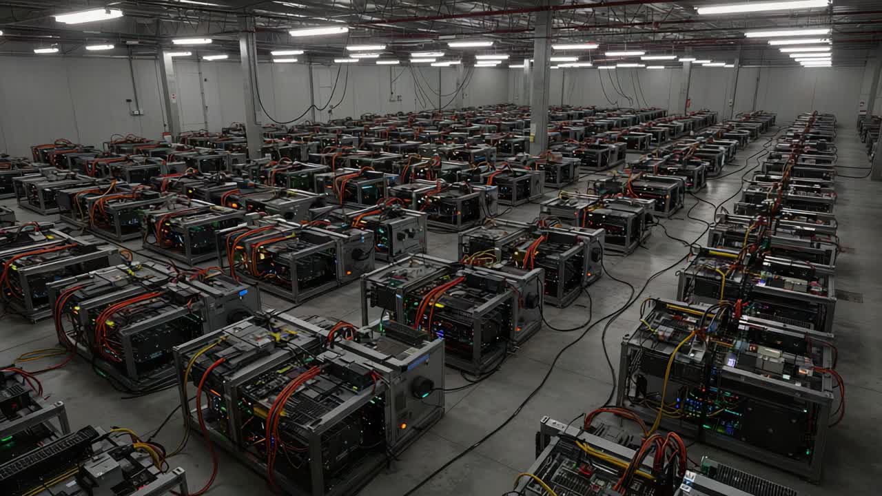 Aerial View of an Extensive Cryptocurrency Mining Facility Filled with Rig Units and Complex Wiring Systems Operated Under Bright Industrial Lighting