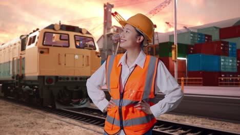 asian female engineer wearing safety helmet looking around while standing with arms akimbo with freight cargo train at port