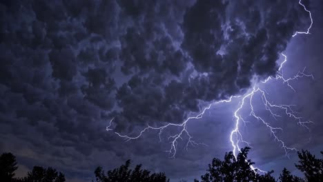 dramatic wide-angle video of a stormy night sky with dense clouds and lightning, silhouetted trees