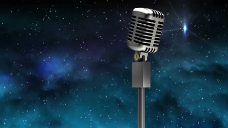 Animation-of-snow-falling-over-microphone-on-dark-background