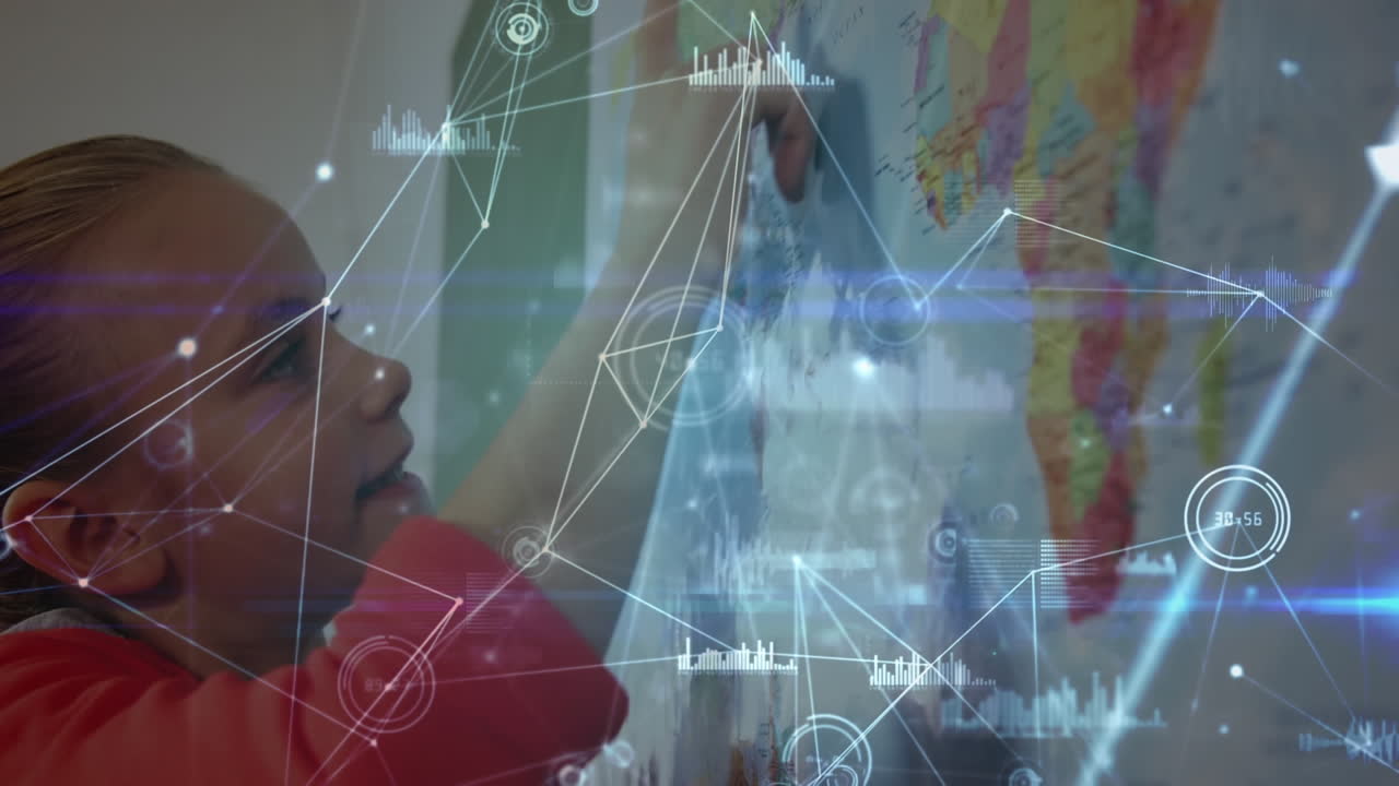 red de conexiones y procesamiento de datos contra niñas caucásicas leyendo mapas en la escuela primaria