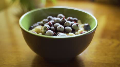 a bowl of hot oatmeal with fresh frozen currants