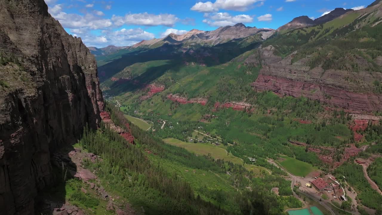 Downtown Telluride Colorado summer Box Canyon Black Bear Pass Road Bridal Veil Falls aerial drone Ouray Ridgway Yankee Boy Basin 4wd hiking bluesky cliffside valley Aspen Forest cloud forward pan up