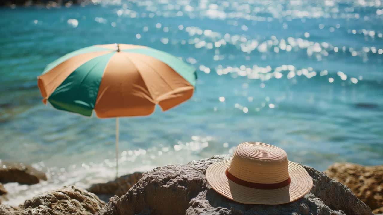 Colorful beach umbrella and straw hat placed on a rock by the clear blue ocean on a sunny day