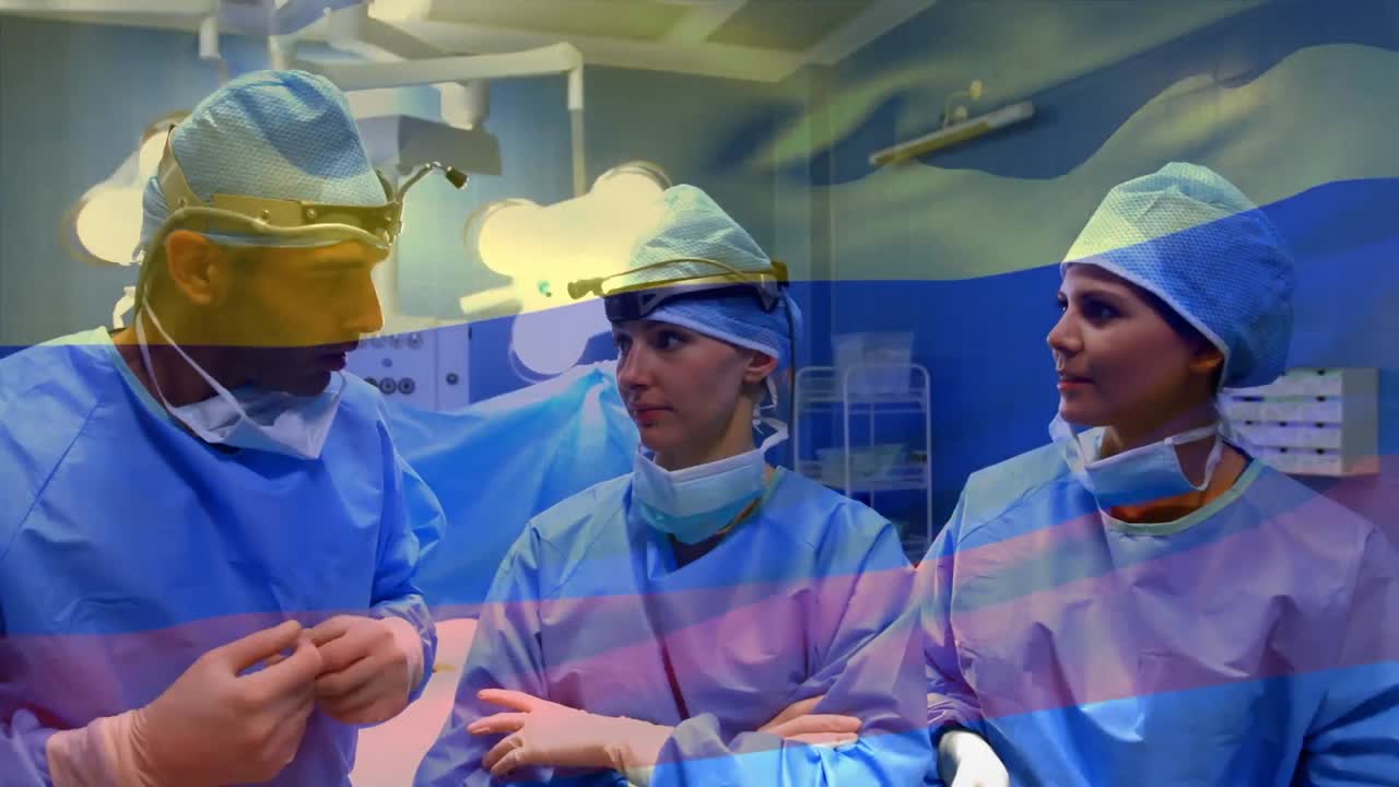 animación de la bandera de camerún ondeando sobre los cirujanos en el quirófano