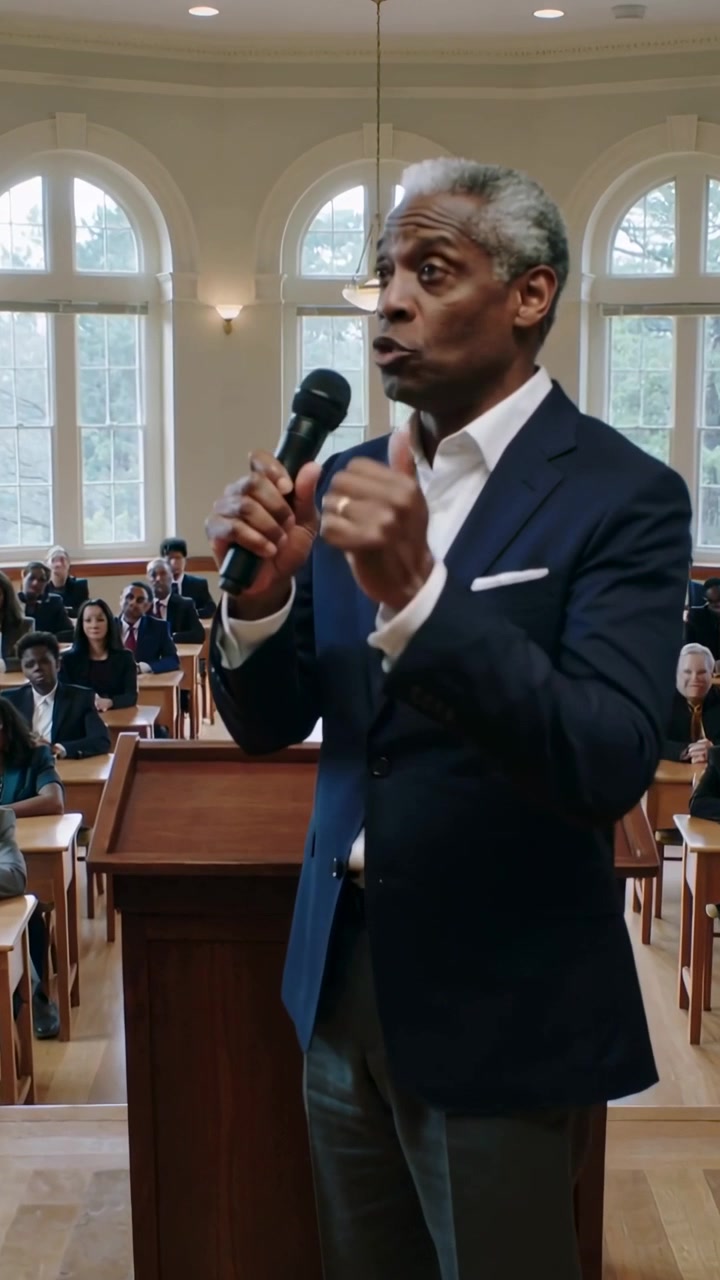 Vertical video: Raising microphone, man in navy blazer addressing audience at podium to emphasize
