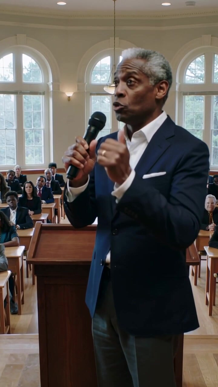 Video verticale: Alzando il microfono, un uomo con blazer blu navy si rivolge al pubblico al podio per enfatizzare.