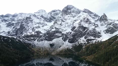 Aerial-footage-of-snowcapped-peaks-reflected-in-Morskie-Oko-Lake-in-Zakopane-Poland