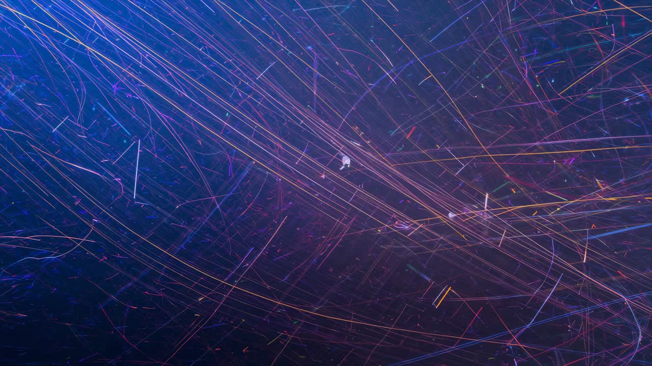 Gliding white-suit figure drifting as sweeping streaks passing across deep purple particle field