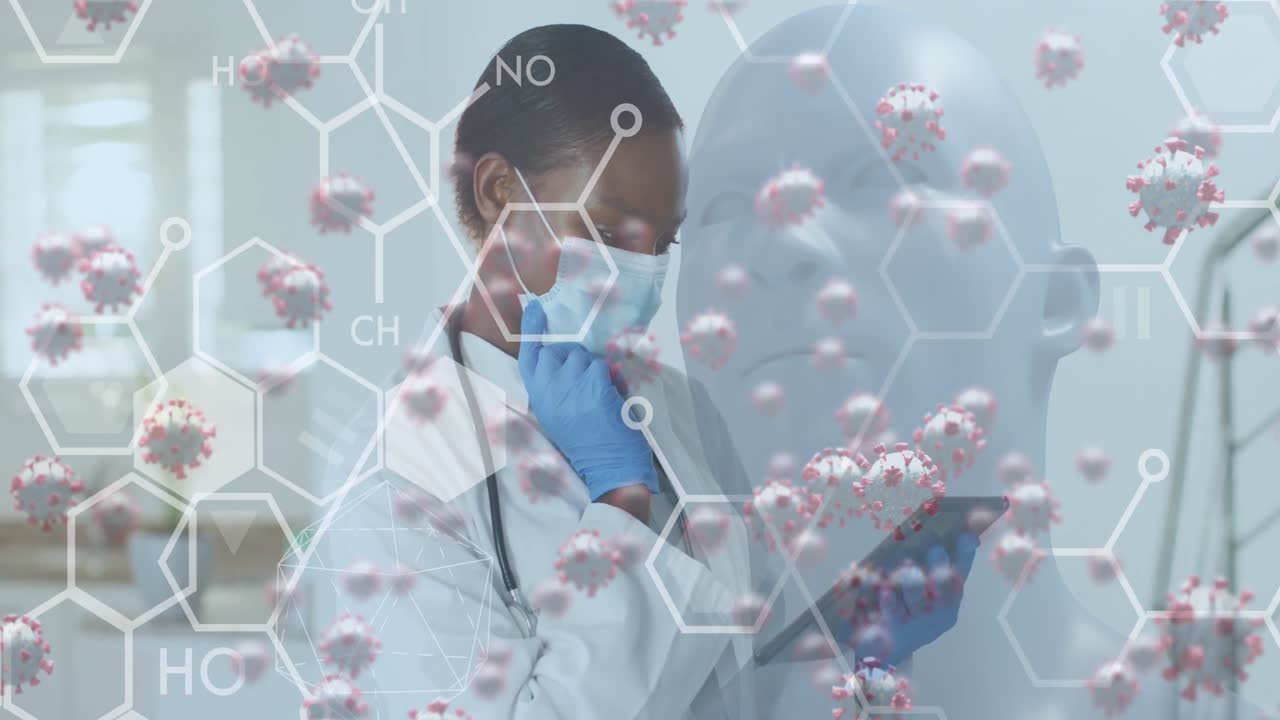 animación de procesamiento de datos y células de covid 19 sobre un médico afroamericano que usa una máscara