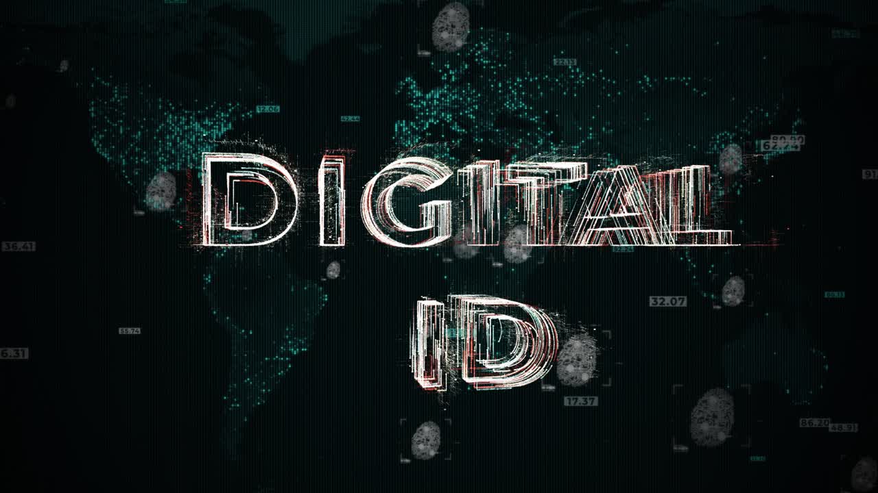 Digital ID typography over a world map with flying fingerprints in a 3D graphic render, symbolizing security