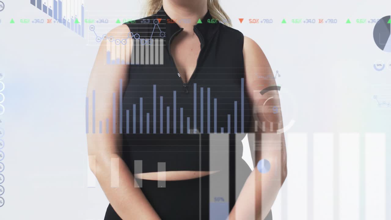 Studio model adjusting neckline, posing as animated HUD charts appearing over torso, showing tech