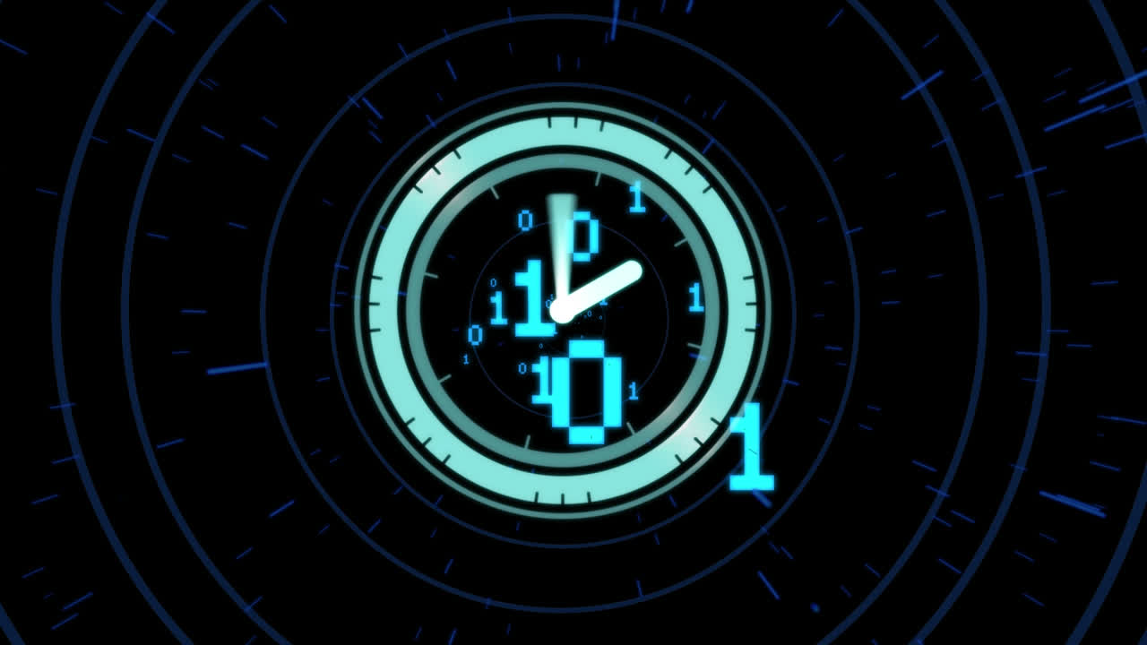 Animation of clock, binary coding and data processing over dark background