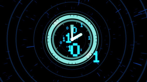 animation of clock, binary coding and data processing over dark background