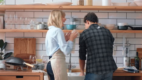 happy, cleaning and couple washing dishes