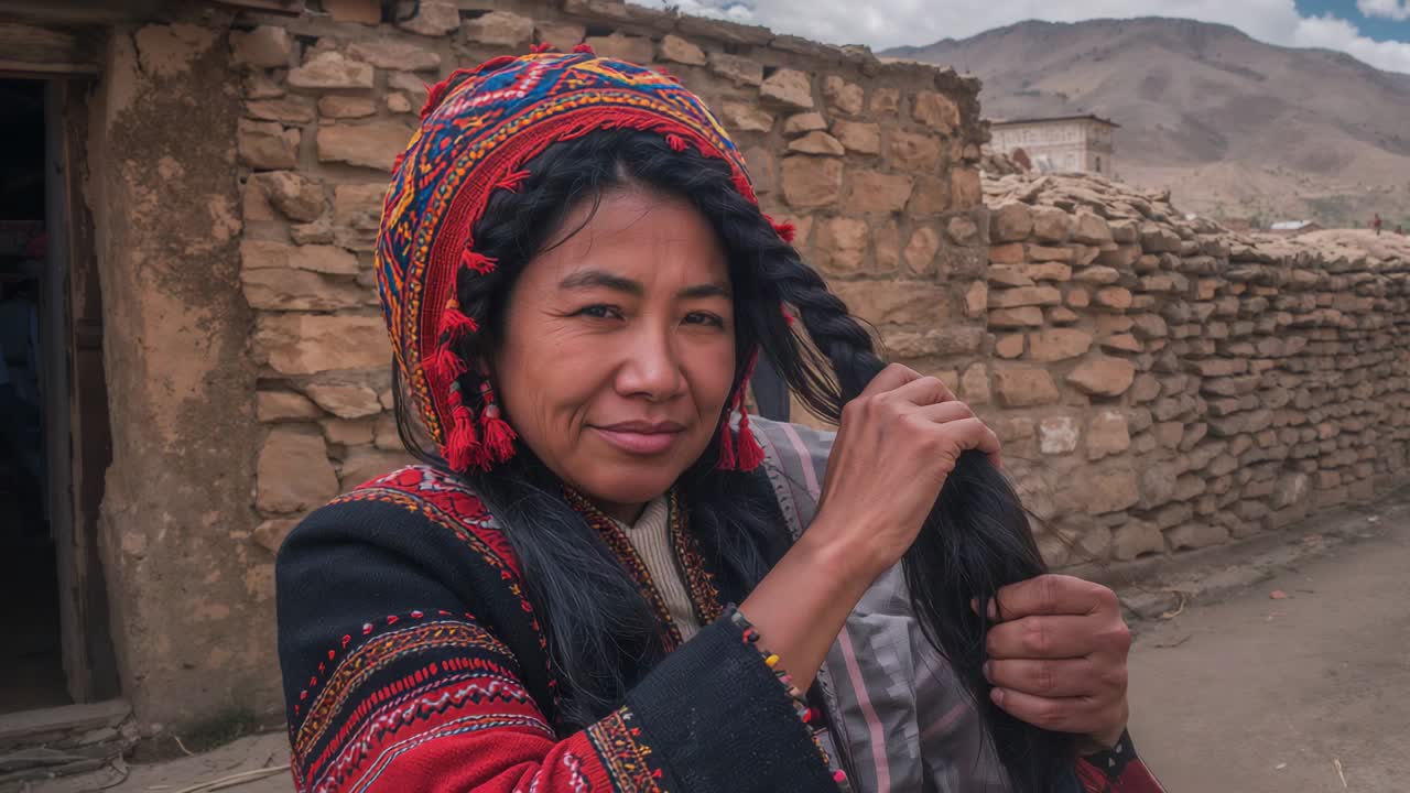 Đưa tóc về phía trước, người phụ nữ Andean tết tóc bím trên đường làng, đội mũ chullo, hoàn thành bím tóc