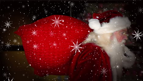 nieve cayendo contra santa claus con el dedo en los labios contra el marco de la ventana