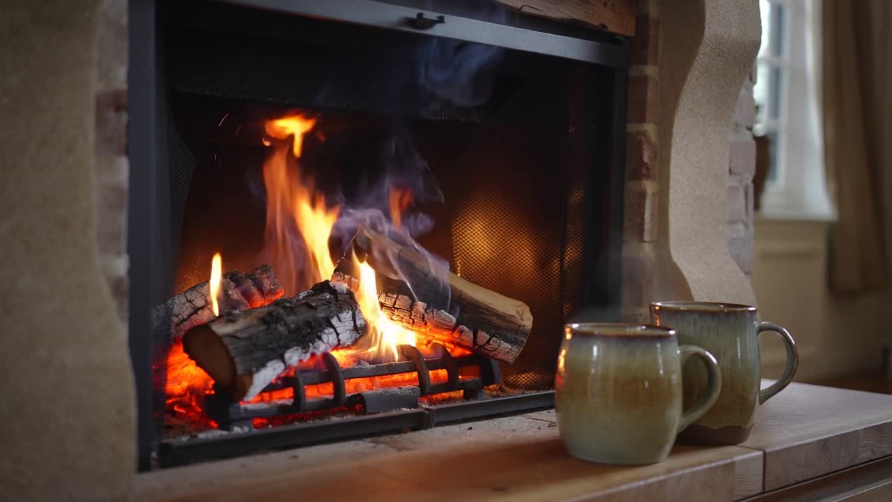 Igniting three logs sending flames dancing on stone fireplace hearth at home with two ceramic mugs