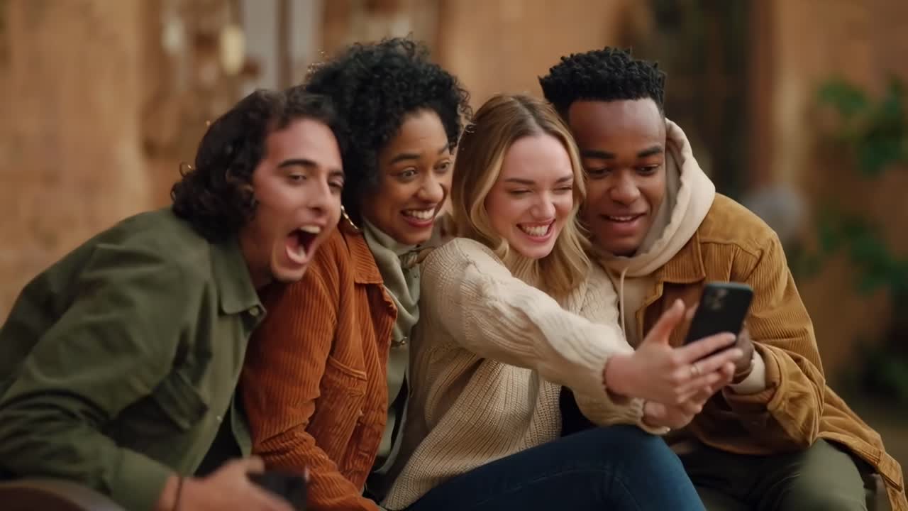 Un gruppo di amici guarda con gioia un video su un telefono, ripresi da un angolo laterale