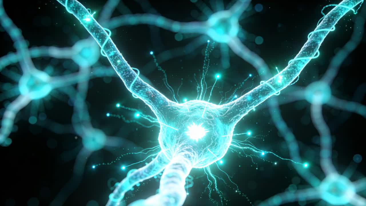 Central neuron brightening after branch sparks, sending glowing pulses along axon for signaling