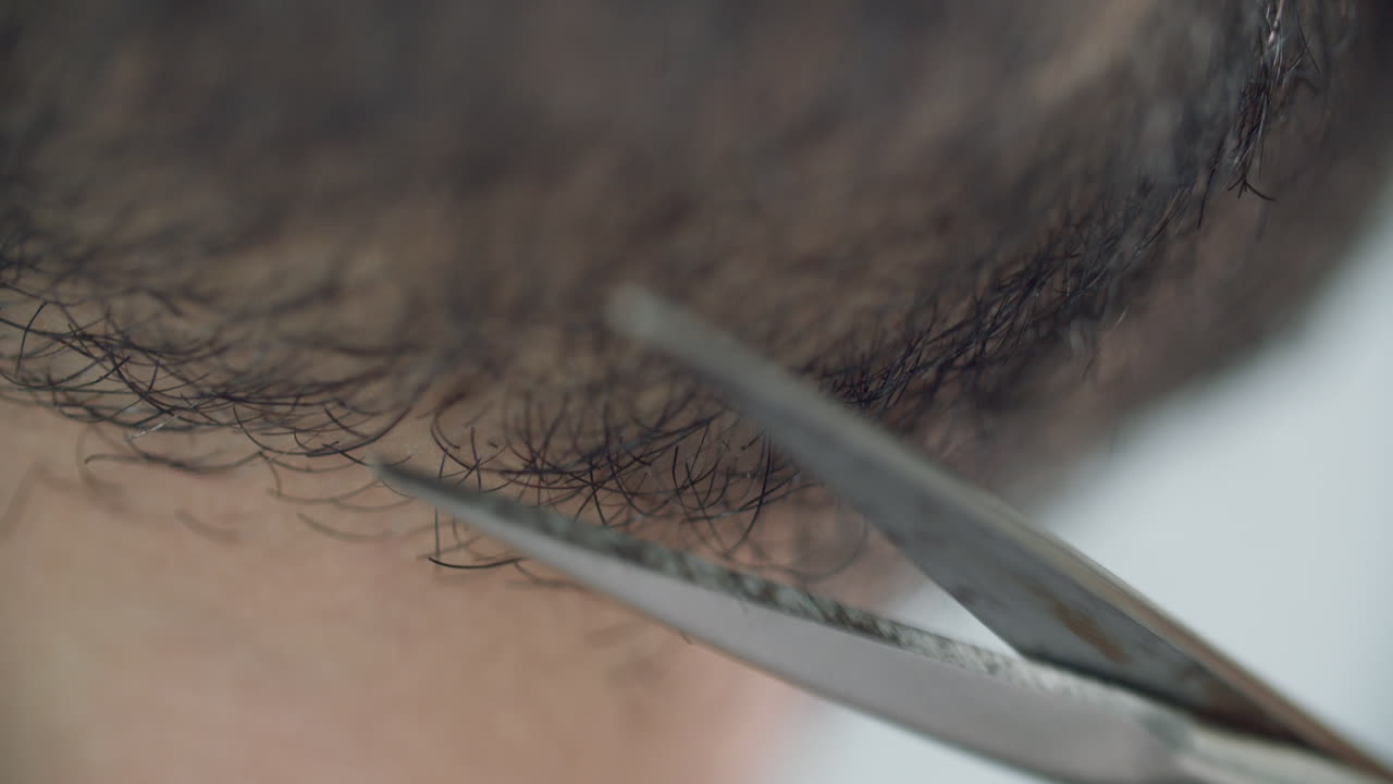 턱수염과 목수염을 가위로 다듬는 중