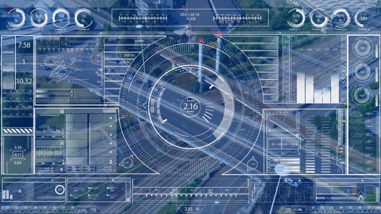Animation of interface with data processing against aerial view of city traffic