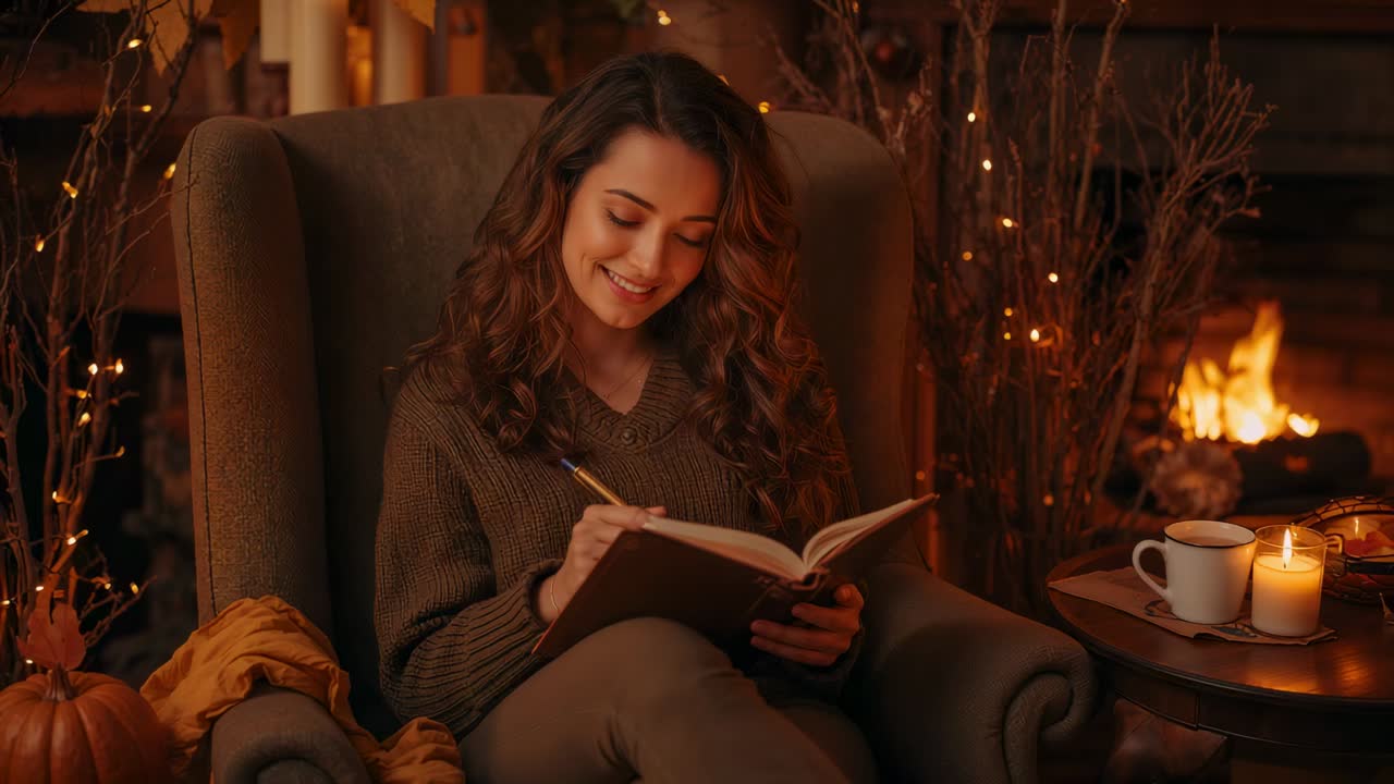 Donna sorridente con un maglione di lana che abbassa la testa, scrivendo tranquillamente su un quaderno seduta su una sedia in soggiorno
