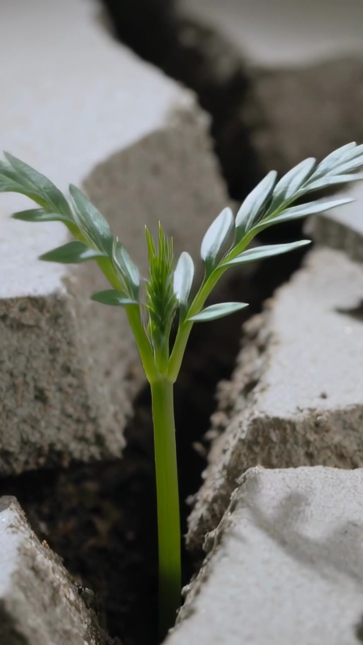 Video verticale: Germoglio che spunta e apre le foglie nel terreno scuro su pavimentazione grigia del patio.